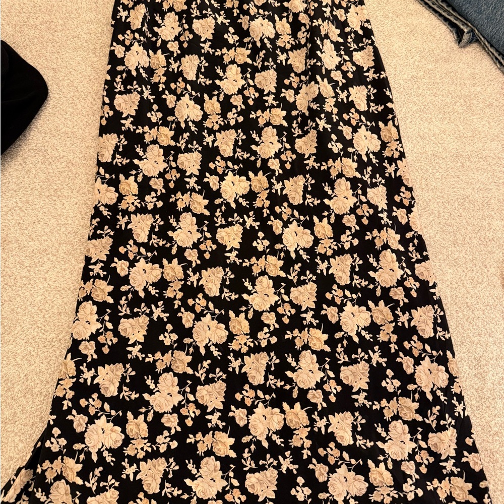 LoveShackFancy Black and Cream Floral Maxi Skirt